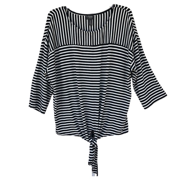 Chico’s Travelers Made in Usa Black & White Stripe Tie-Front 3/4 Sleeve Top 3 L - Picture 2 of 15